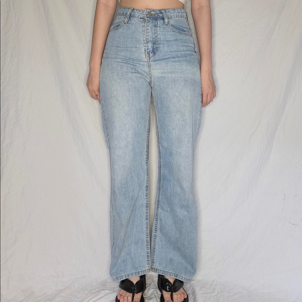 High waisted light washed straight leg denim jeans